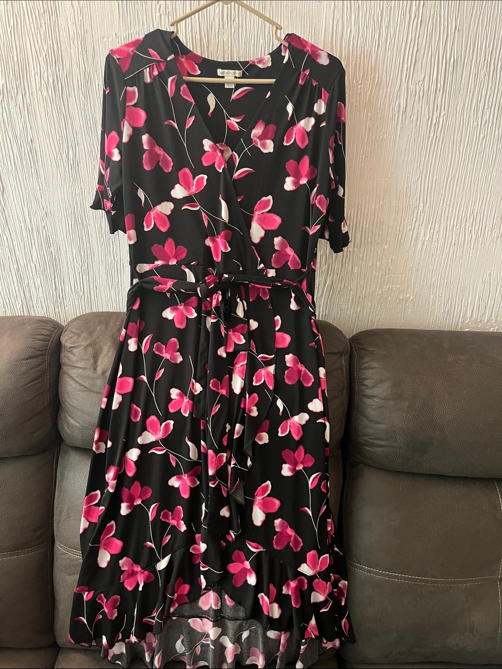 Cato Black Wrap Midi Dress with Pink Floral Print